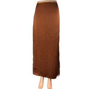 Club Monaco Brown Silk Satin High Waisted Slit Full Straight Maxi Slip Skirt 8